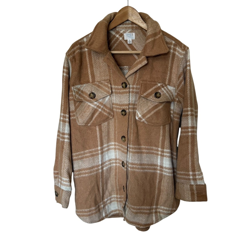 Time and Tru Plaid Shacket Womens S Mocha Splash Exc. Button Front Wool Blend
